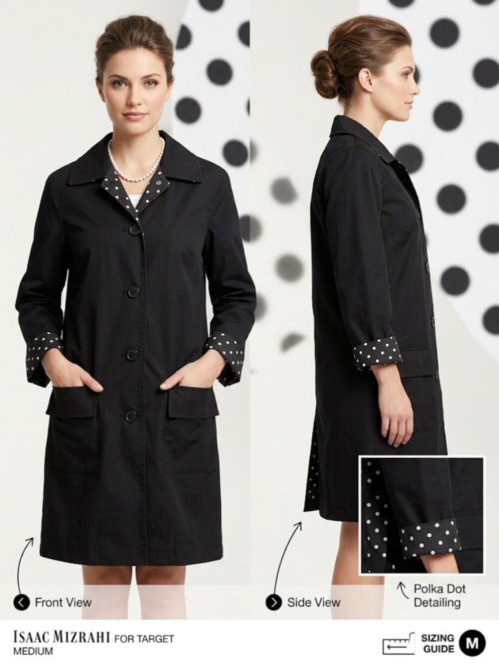 Isaac Mizhari Black with Polka Dots Lining Women's Trench Coat - Size Medium